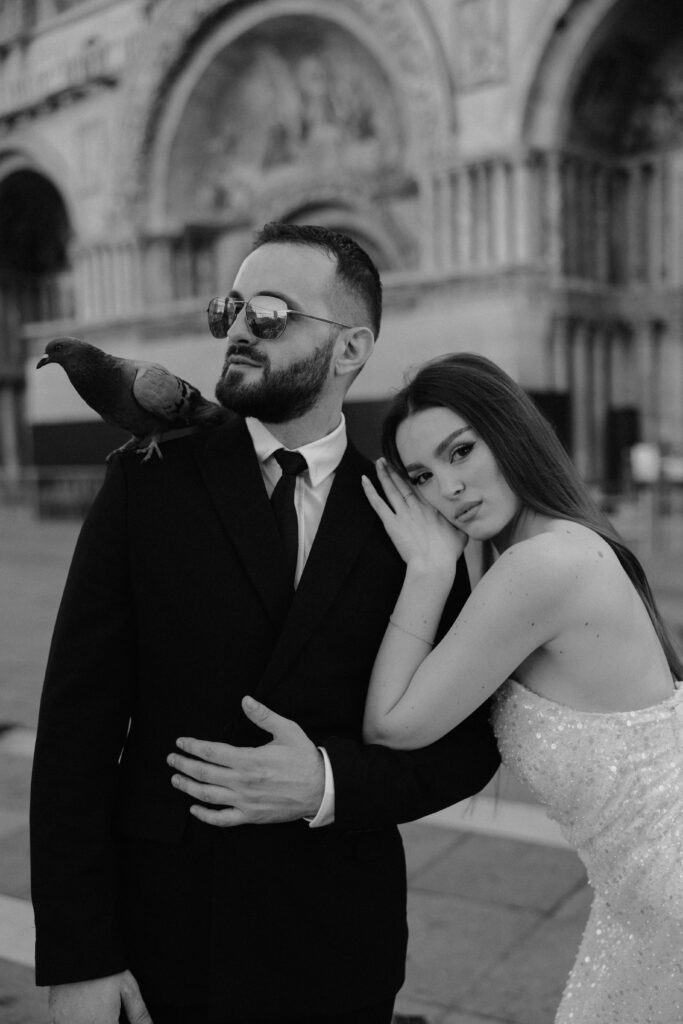 Black and White Bride and Groom Photo session with pigeons in Venice, Italy